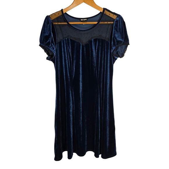 Hot Topic Blue Velvet Swiss Dot Yoke Dress Plus Size Illusion Dress 1X 14-16 - Picture 1 of 7